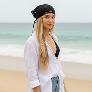 New Anthropologie Floral Crochet Black Hair Scarf